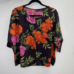 Express Floral Satin Short Sleeve Loose Boxy Blouse Medium